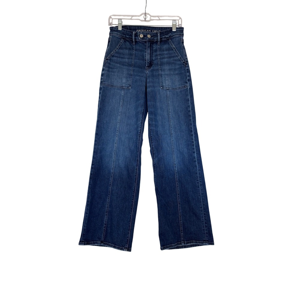 American Eagle High Waisted Wide Leg Jeans Blue Utility Seam Size 2 Regular
